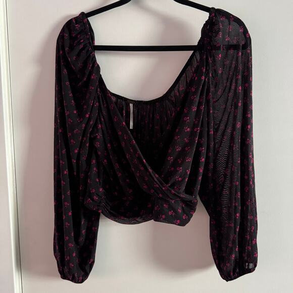 Free People Fixed Wrap Floral Cropped Top Black Mesh Ruched Long Sleeve Sz S - Picture 2 of 7